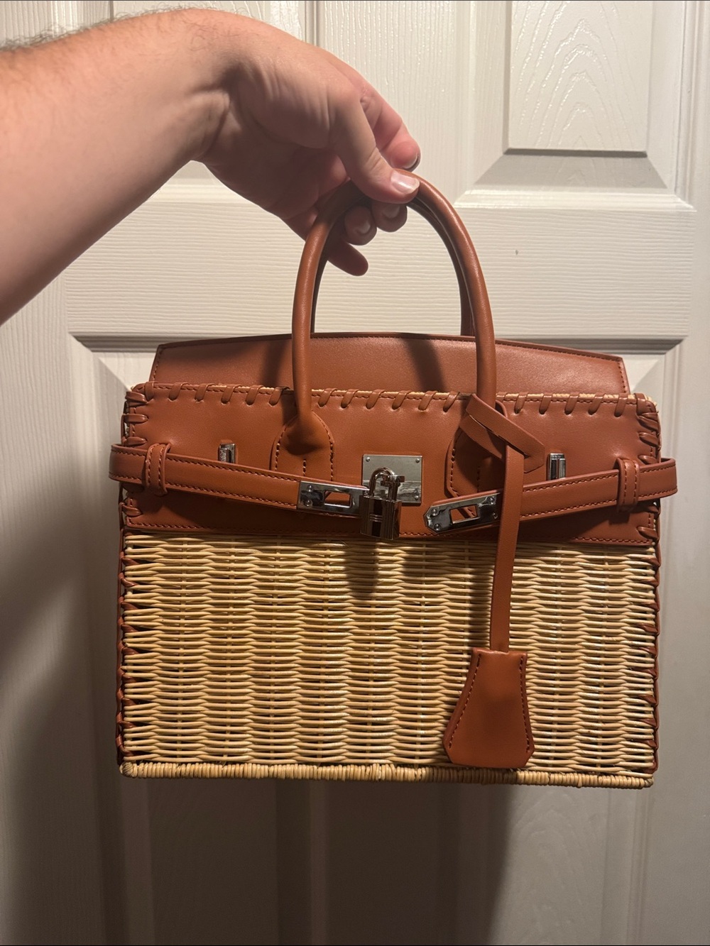 Structured Wicker Top-Handle Bag in Tan and Natural never worn
